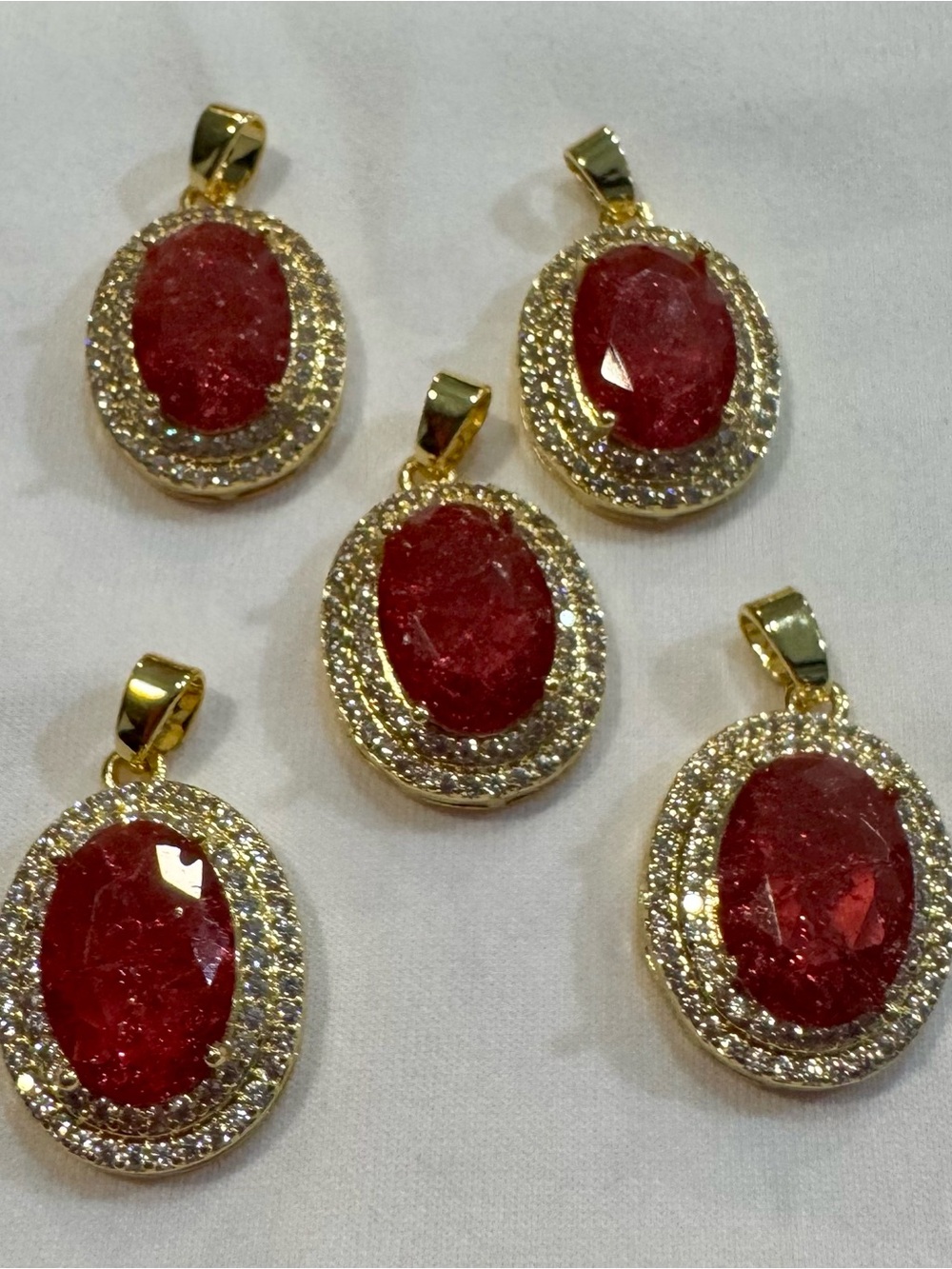 Gold-Tone Red Oval Crystal Pendant with Pavé Halo SKU 109